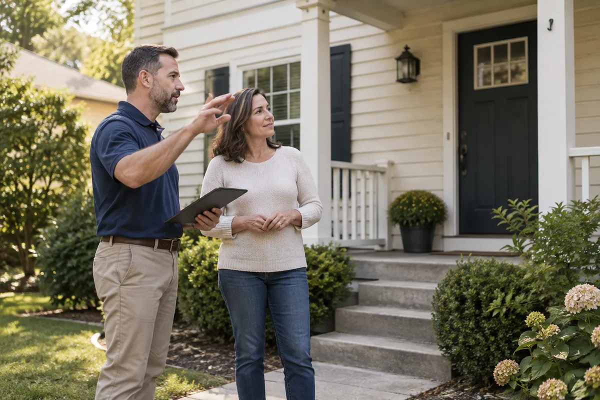 Insurance professional holding a tablet talks with a homeowner beside the front steps of a cream-sided house.