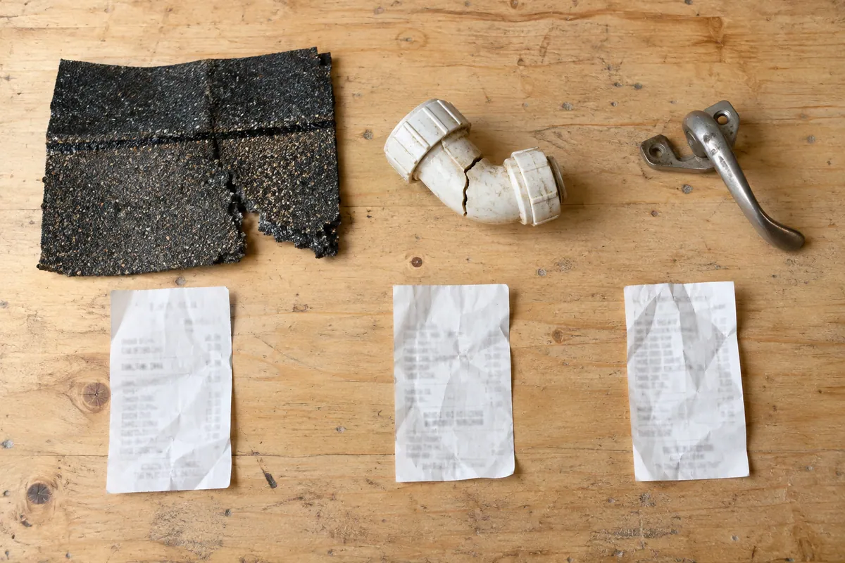 Damaged shingle, cracked pipe fitting, and bent window latch arranged above three receipts.