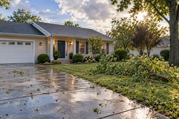 Fallen leafy tree limb lies in a suburban front yard beside a wet driveway as sunlight breaks through the clouds.