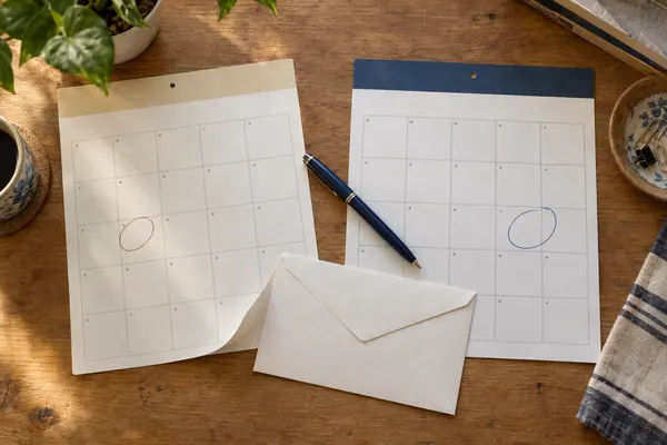 Two paper calendar pages with circled boxes, a navy pen, and a plain envelope on a wooden desk.