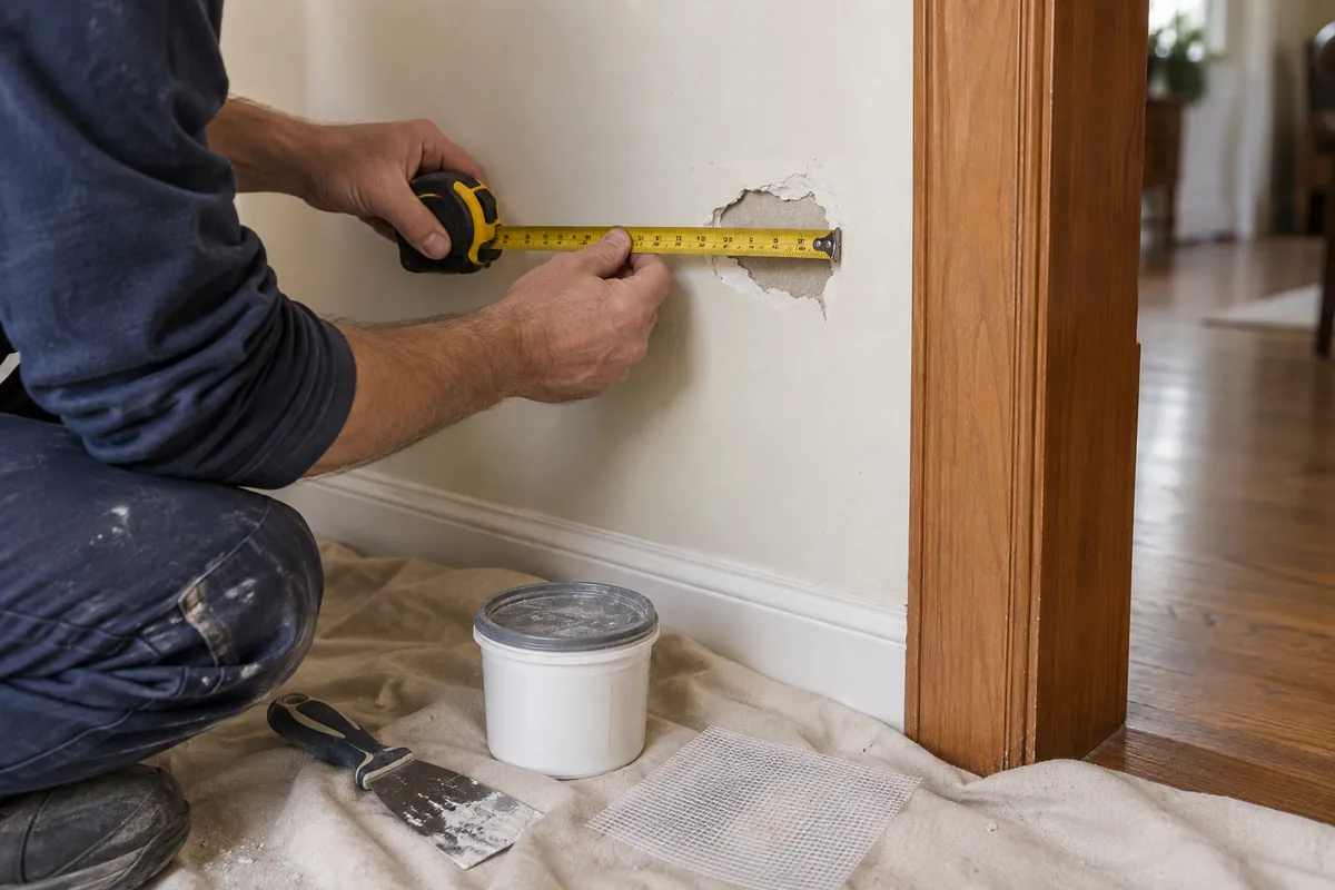 Worker measuring a small drywall patch beside a doorway, with repair supplies on a drop cloth.