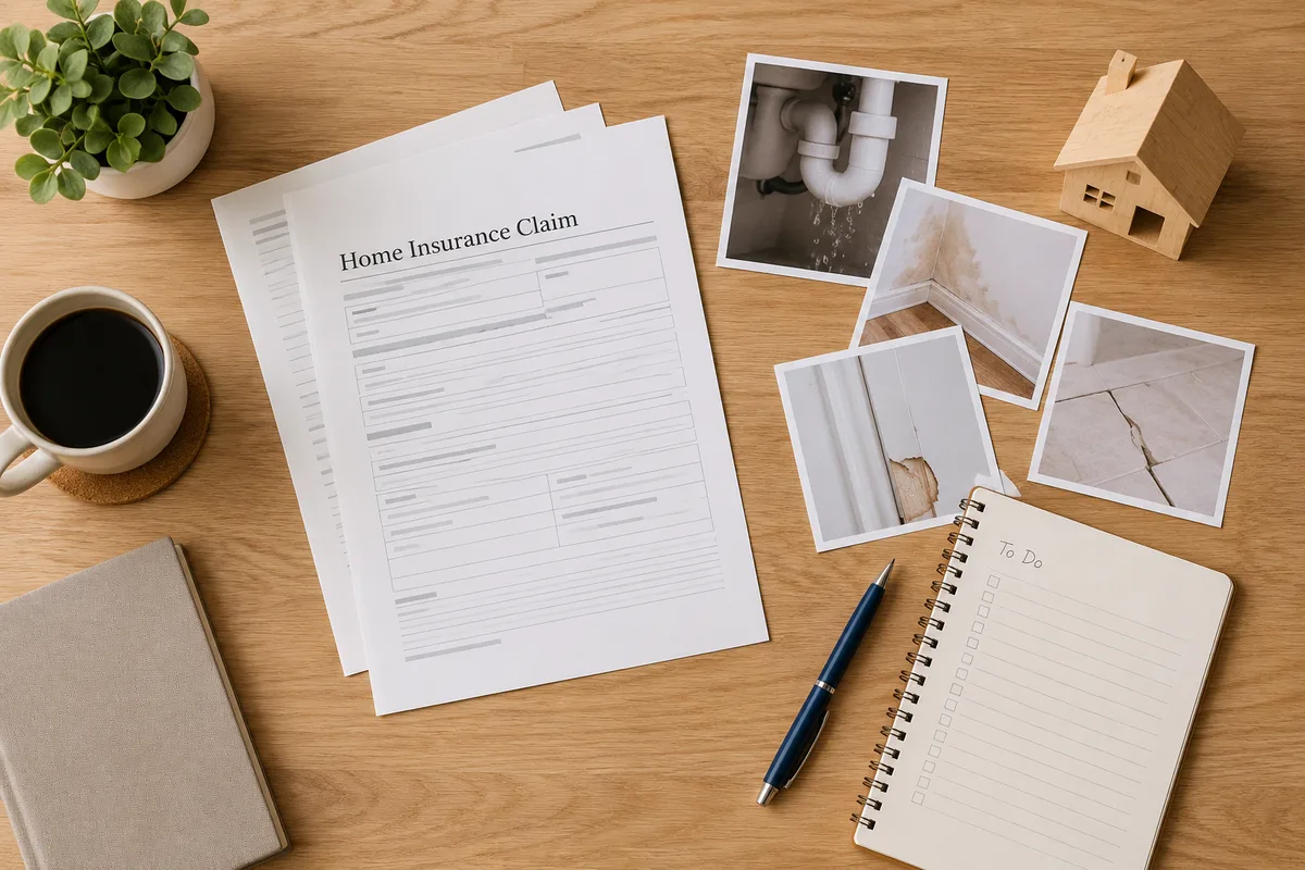 Claim documents, damage photographs and a wooden house model arranged on a table.
