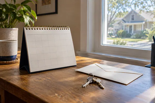Blank desk calendar, unopened envelope and house keys beside a window.