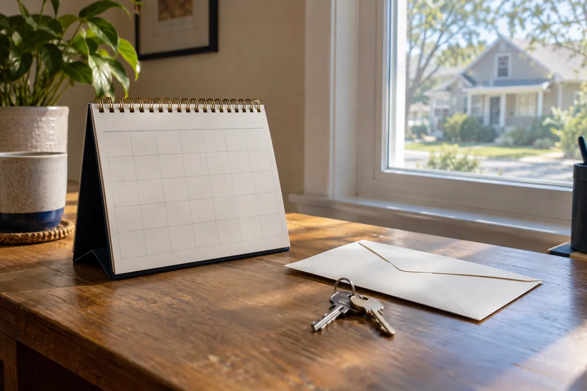 Blank desk calendar, unopened envelope and house keys beside a window.