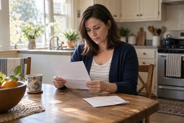 Woman reading a mailed notice at a wooden kitchen table in daylight.