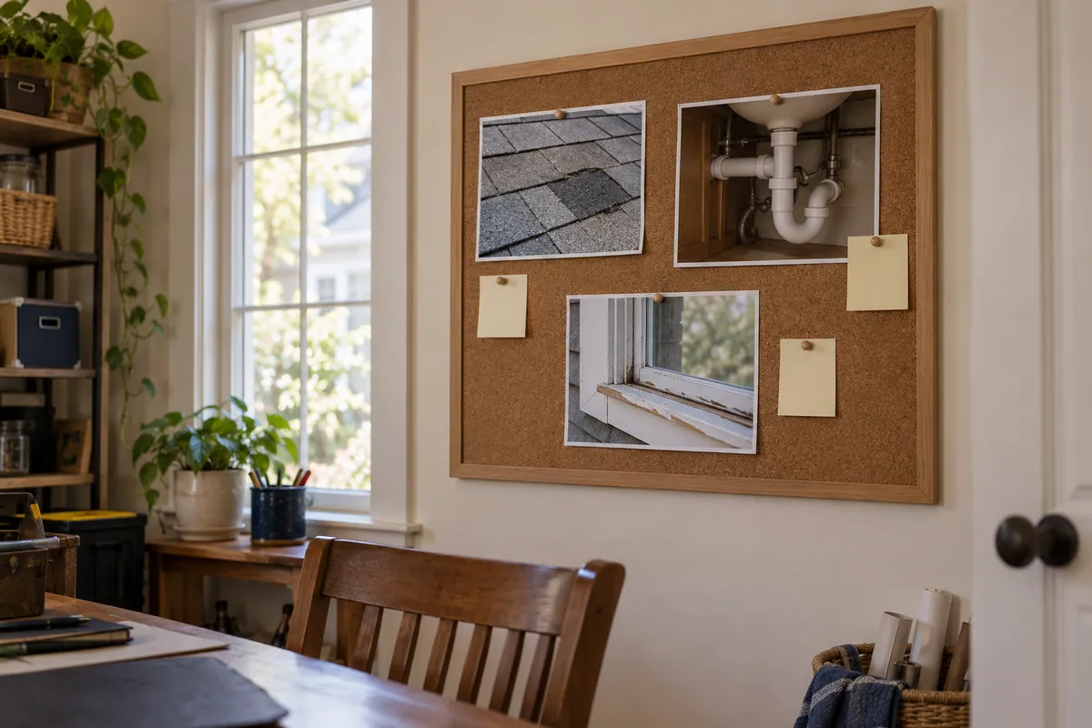 Corkboard with photographs of roof shingles, under-sink pipes and a worn window frame.