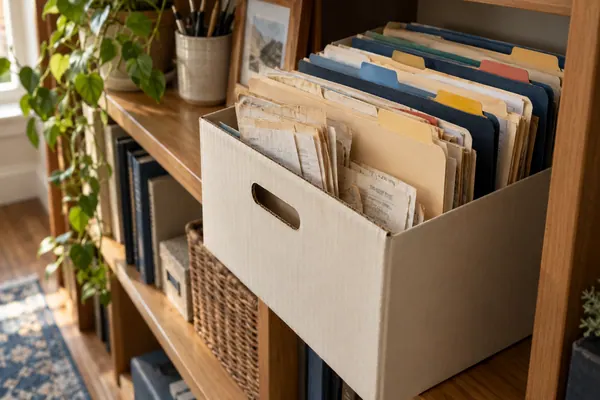 Open cardboard file box with upright color-tabbed folders and worn receipts on a wooden shelf.