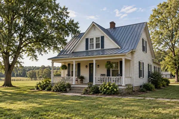 Older cream farmhouse with a gray metal roof, front porch and open lawn between mature trees.