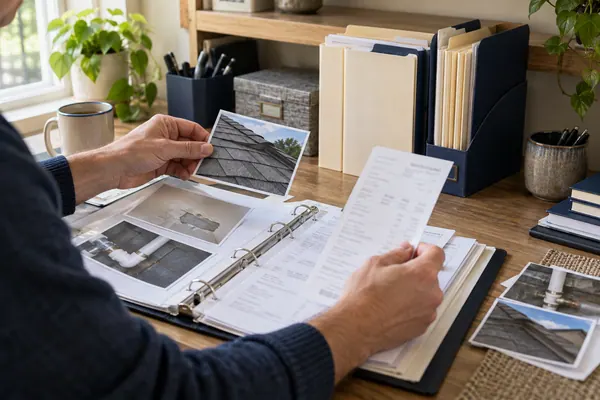 Hands sorting repair photographs and paperwork into a binder beside upright file folders.