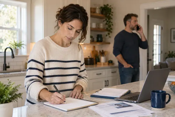 Homeowner writes in a notebook beside a laptop while her partner talks on the phone in a bright kitchen.