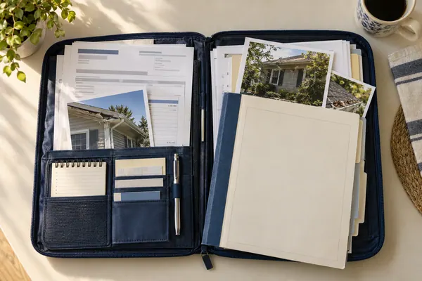 Open navy document pouch holds organized papers, printed house photos, a cream folder, a notebook, and a pen.