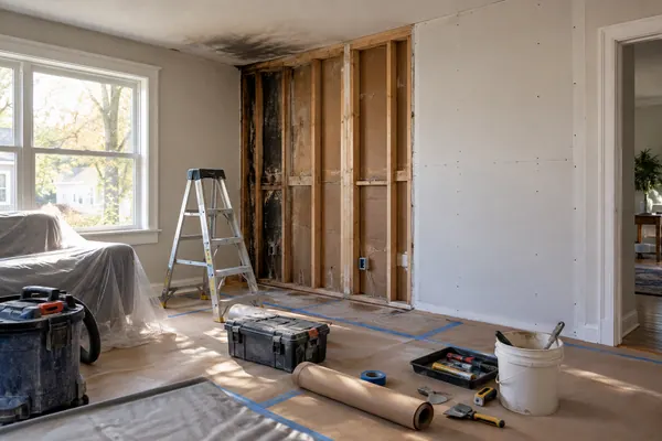 Room under repair with exposed wall studs, new drywall, a smoke-darkened corner, and tools on a protected floor.