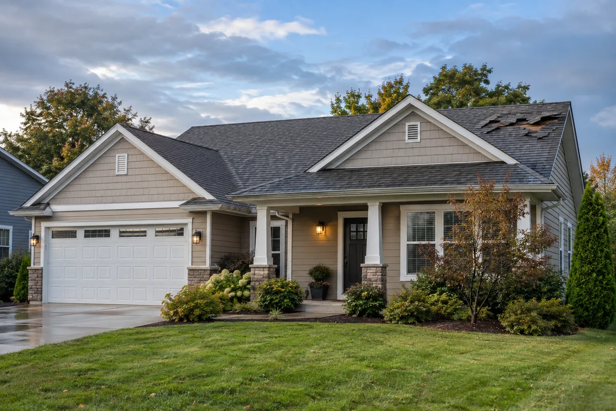 Suburban home with a localized patch of storm-damaged roof shingles.