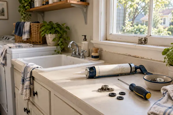 Caulk gun, screwdriver, metal window hardware, and rubber washers rest on a counter beside a utility sink.