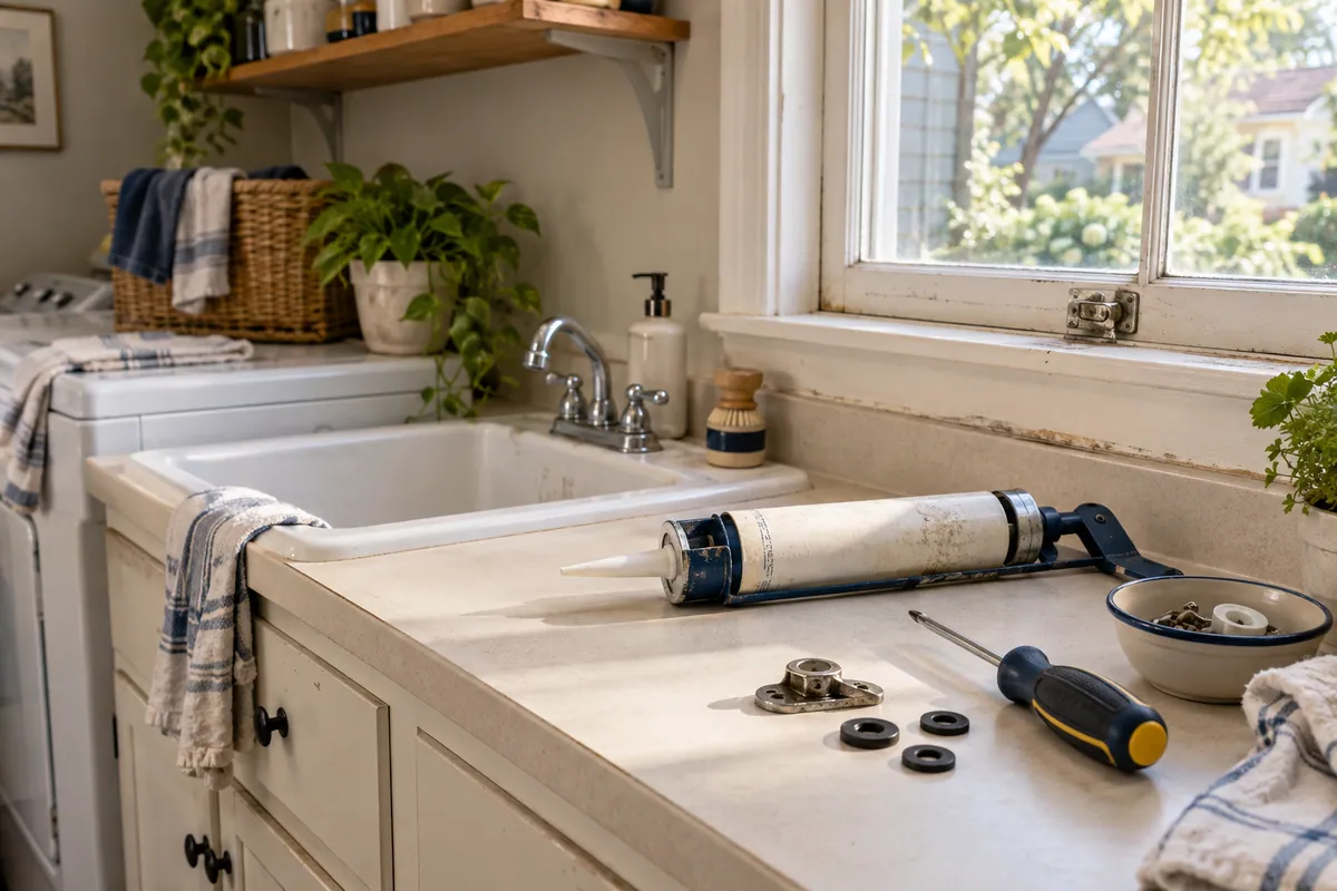 Caulk gun, screwdriver, metal window hardware, and rubber washers rest on a counter beside a utility sink.