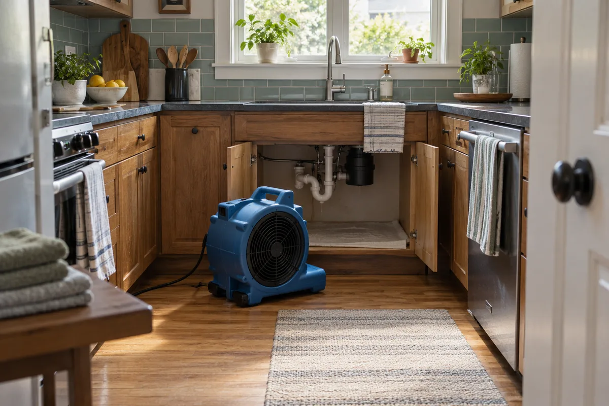 Drying fan beside an open kitchen sink cabinet after water damage.